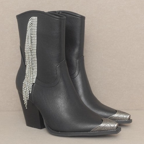 The Kai Rhinestone Fringe Etched Toe Cap Western Cowgirl Booties Boots Black - Picture 4 of 8